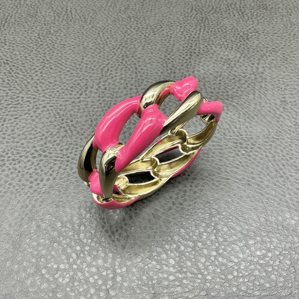 Chunky Chain Link Bangle Bracelet Womens Gold‎ Tone Pink Enamel Hinged Statement